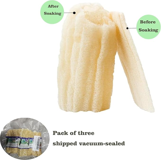 3-Pack Natural Dish Sponge Natural Loofah Sponges – Handheld Kitchen Dish Scrubber for Grease Removal, Plastic-Free Cleaning Tool