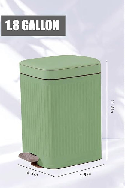 Feisco Small Trash Can with Lid,Small Bathroom Trash Can with Foot Pedal and Press Type Lid,Slim Step-On Trash Bin Wastebasket Garbage Can for Kitchen,Bathroom Office, Bedroom (Green, 1.8 Gallon)