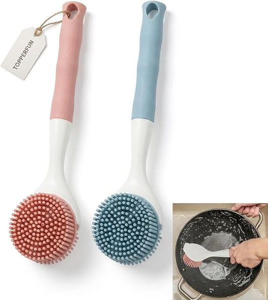 2 PCS Silicone Dishwashing Brush, Non-Stick Pot Scrubber with Long Handle, Durable Scrub Brushes for Cleaning Dishes, Cast Iron Pans, Sinks and Kitchen Cookware, Heat Resistant Cleaning Tool