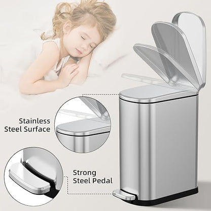 KUK Slim Bathroom Trash Can with Lid, 2.6 Gallon (10 L) Stainless Steel Step Small Garbage Can with Removable Inner Bucket, Soft Close, Anti-Fingerprint Finish (Silver)