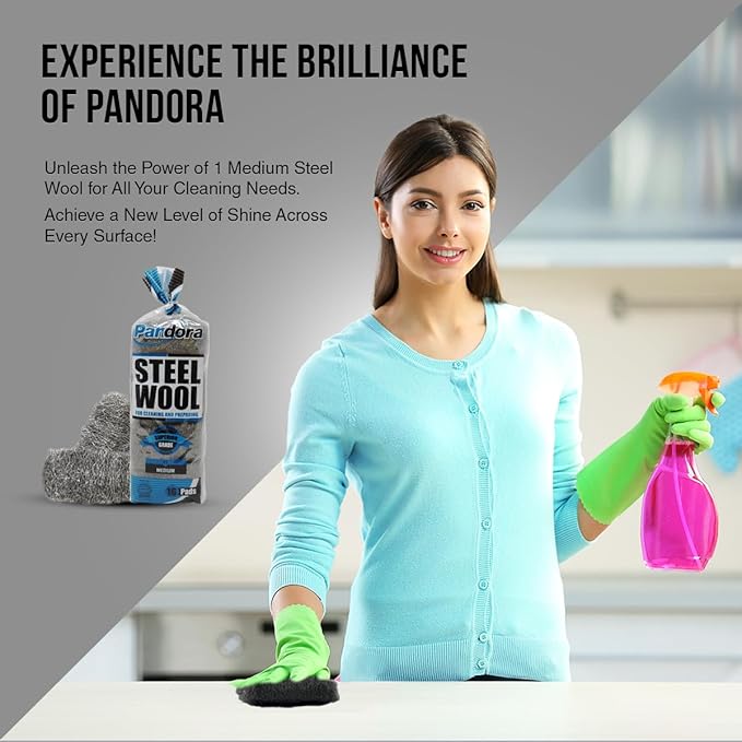 Pandora Steel Wool #1 – Medium Grade, 16 Pads for Cleaning and Preparing- Quality Metal Strands - Ideal for Linoleum Floors, Bowling Balls, and Shoe Soles
