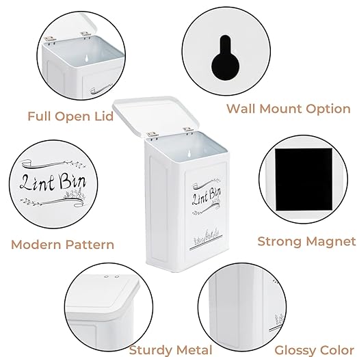 Tlence Magnetic Lint Bin for Laundry Room, Wall Mounted Dryer Lint Trash Can with Brush and Lid for Dryer, Space Saving Metal Lint Basket for Laundry Room Decor