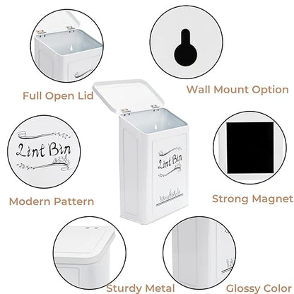 Tlence Magnetic Lint Bin for Laundry Room, Wall Mounted Dryer Lint Trash Can with Brush and Lid for Dryer, Space Saving Metal Lint Basket for Laundry Room Decor