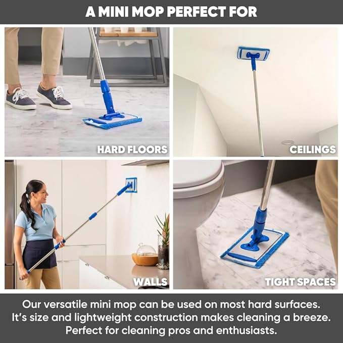 9" Mini Microfiber Mop System for Tight Spaces & Walls | Flat Floor Mop | Adjustable Stainless Steel Handle | 360° Swivel | 2 Washable Microfiber Pads | Hardwood, Tile, Vinyl