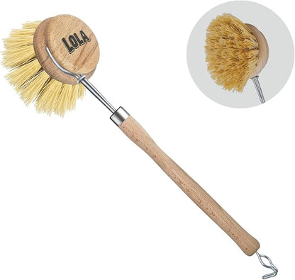 LOLA Dishwashing & Vegetable Brush The Original, 3" Head, Sustainable Wood Handle w/Tampico Fiber Bristles, Safe for Non-Stick Pans, Dishes, Cast Iron Skillet - Easy Head Only Replacement, 1 Pk