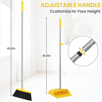 Stand Up Dustpan and Broom Set 50” Long Handle Broom with Dust Pan, with Self Cleaning Combe for Ergonomic Home Office Classroom Indoor Sweeping