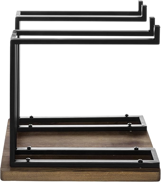 MyGift Industrial Metal Wine Glass Rack Holder Stand with 2 Hanger Bars and Rustic Wooden Base, Countertop Hanging Stemware Holder