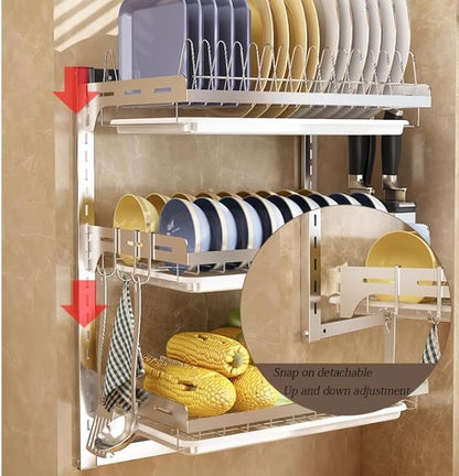 Dish Rack Wall Mounted,Hanging Dish Drying Rack,3 Tier Stainless Steel Dish Rack,Adjustable Length Drain Rack.with Drain Tray,Hooks（Silvery）