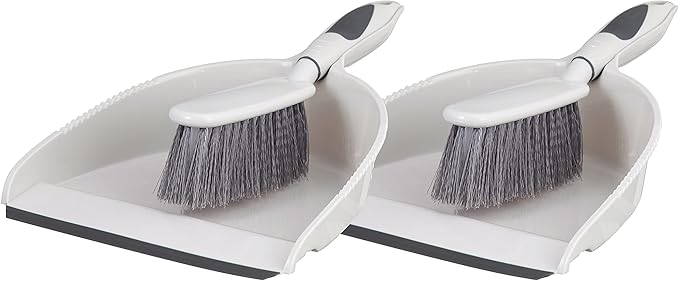 Dustpan and Brush Set, Hand Broom with Ergonomic Grip Handle - Rubber Edge for Easy Dirt Pickup, Durable Material - Grey & Blue Hand Brush by Superio, 2-Pack (Gray, 2-Pack)