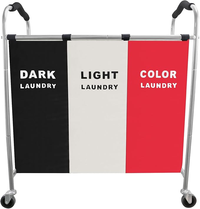 240L Laundry Hamper, Large Blanket Storage Basket Sorter 3 Section Bag Organizer for Dirty Clothes - Toys - Towel,16 X 34 X 35 inch Heavy Duty Laundry Cart Baskets (Black and white Red wheel)