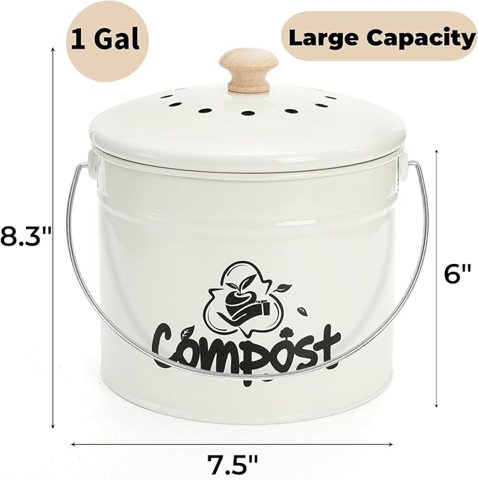 Tlence Small Kitchen Compost Bin, 1 Gallon Odorless Composter Container, Food Waste Bucket with Charcoal Filter Lid, Indoor Farmhouse Composting Pail Canister for Trash Scraps, Carrying Handle