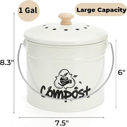 Tlence Small Kitchen Compost Bin, 1 Gallon Odorless Composter Container, Food Waste Bucket with Charcoal Filter Lid, Indoor Farmhouse Composting Pail Canister for Trash Scraps, Carrying Handle