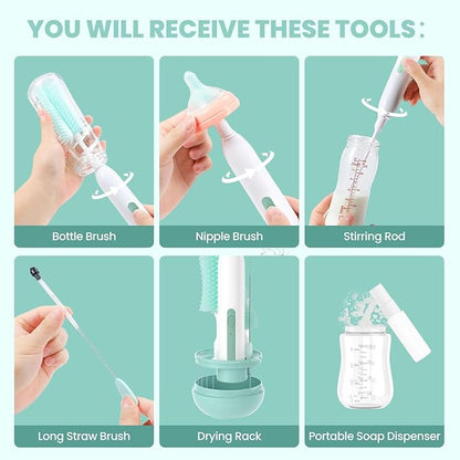Electric Bottle Brush Cleaner,Rechargeable Baby Bottle Cleaning kit with Formula Mixer, Silicone Nipple&Straw Brush, Soap Dispenser, Drying Rack-IPX7 Waterproof,Long Battery Life for Home & Travel