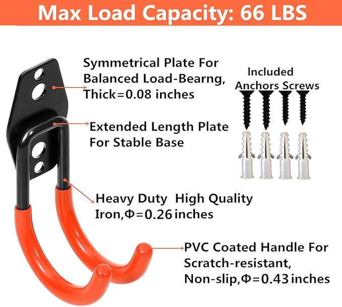 Wall Mount Double Hook,Heavy Duty Steel Garage Storage Utility Hooks with Anti-Slip Coating,Load Capacity 66 LB (4Pack Orange 2.8" Round J Hook)