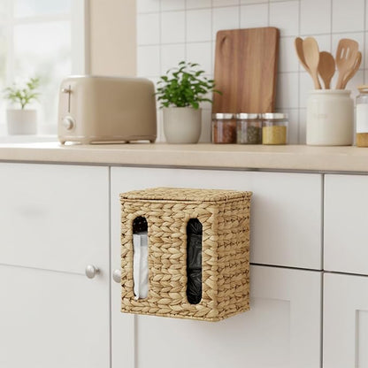 Garbage Bag Dispenser with Lid Plastic Trash Bag Holder Under Sink Storage Organizers Wall Mount Water Hyacinth Grocery Bags Holder for Kitchen, Cabinet, Countertop