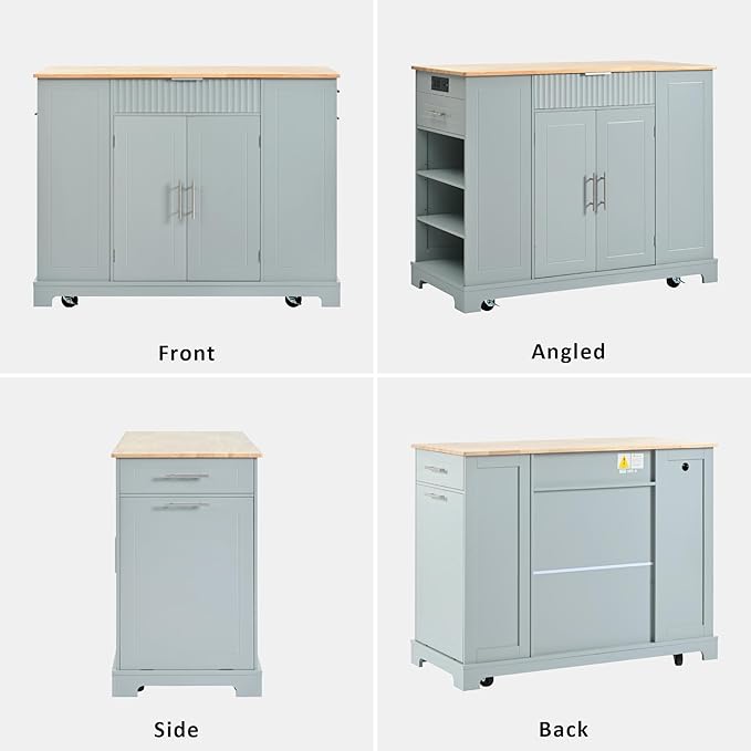 48.5" Kitchen Island with Trash Can Storage Cabinet, Power Outlet, Internal Storage Rack, Rolling Kitchen Islands Cart on 5 Wheels with 3 Drawers, 3 Open Side Racks, Grey Blue