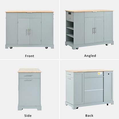 48.5" Kitchen Island with Trash Can Storage Cabinet, Power Outlet, Internal Storage Rack, Rolling Kitchen Islands Cart on 5 Wheels with 3 Drawers, 3 Open Side Racks, Grey Blue
