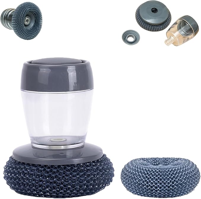 Comfort Grip Soap Dispensing Kitchen Scrub with 1/4/7 Cleaning Balls, Soap Dispensing Dish Brush Without Soap, Replaceable Cleaning Brush, for Cleaning Dishes, Pots, Pans & Sinks (1+1PcBalls)