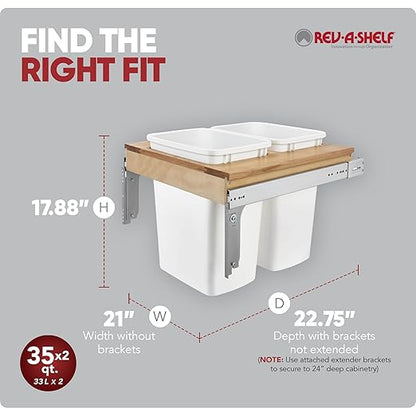 Rev-A-Shelf 35 Qt Top Mount Double Pullout Under Cabinet Kitchen Trash Cans for Base Cabinets, 150 Pound Rated Full-Extension Slides, Min Opening Width of 21", White, 4WCTM-24DM2