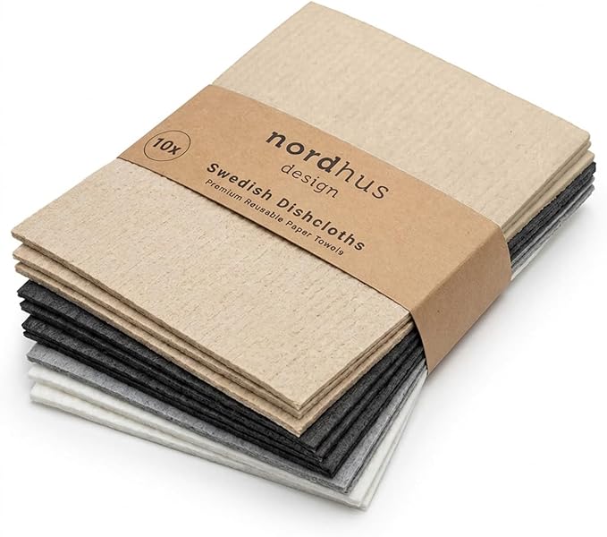 Nordhus Design Swedish Dishcloths, Dark Gray, Grey, White, Beige 10-Pack, Reusable, Washable Cellulose Cotton Kitchen Cloths - Replace Paper Towels, Wipes, Sponges, Dish Rags