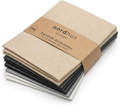 Nordhus Design Swedish Dishcloths, Dark Gray, Grey, White, Beige 10-Pack, Reusable, Washable Cellulose Cotton Kitchen Cloths - Replace Paper Towels, Wipes, Sponges, Dish Rags