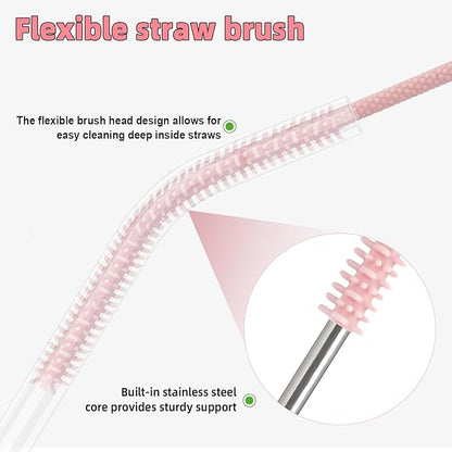 Silicone Straw Cleaner Brush, 4Pcs Reusable Straw Brush Set with Extra-Long Design for Cleaning Thin Metal Straws and Wider Milkshake Straws （6mm+9mm Pink)