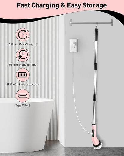 Shower Scrubber with Long Handle, Bathroom Cleaner Brush with 8 Brush Heads, Cordless Electric Spin Scrubber for Cleaning with 2 Speed, Cleaning Supplies for Bathtub Kitchen Floor Tile Toilet