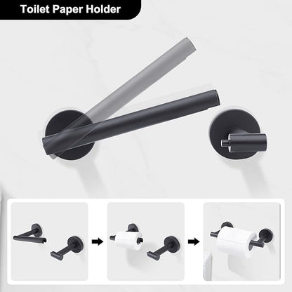 Matte Black Toilet Paper Holder Set, Stainless Steel Towel Ring, Double Post Pivoting Toilet Paper Holder and Hand Towel Holder Set for Bathroom,Bathroom Hardware Accessories Set Black