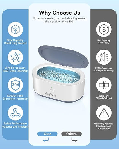JeaTone Ultrasonic Jewelry Cleaner, 46KHz Sonic Jewelry Cleaner Machine for All Jewelry, Eyeglasses, Retainers, Dentures, Rings, Watches, Earrings & More, 304 Stainless Steel 20oz Cleaning Pod (Grey)