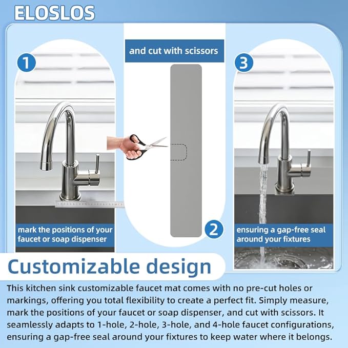 2Pcs 30"L x 5.5"W Customizable Sink Faucet Mat for Kitchen Sink 2 Holes & 3 Holes, DIY Cut for Oval/Rectangle/Square Faucets, Extra Long Quick-Drying Absorbent Splash Guard Counter Protector, Gray