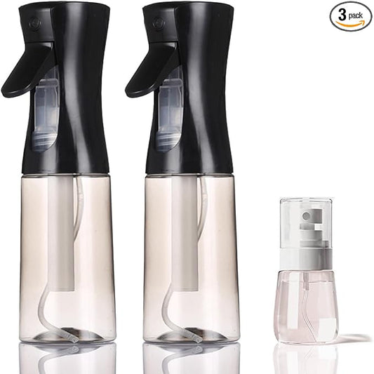 3 Pack Spray Bottles, 2-Pack Continuous Spray Bottles,Fine Water Mist Spray Bottles for Hair 6.8 OZ (200 ML) and 1oz 30ml Travel Spray Bottle Mister for Cleaning,Hairstyling,Plants,Barbers,Black