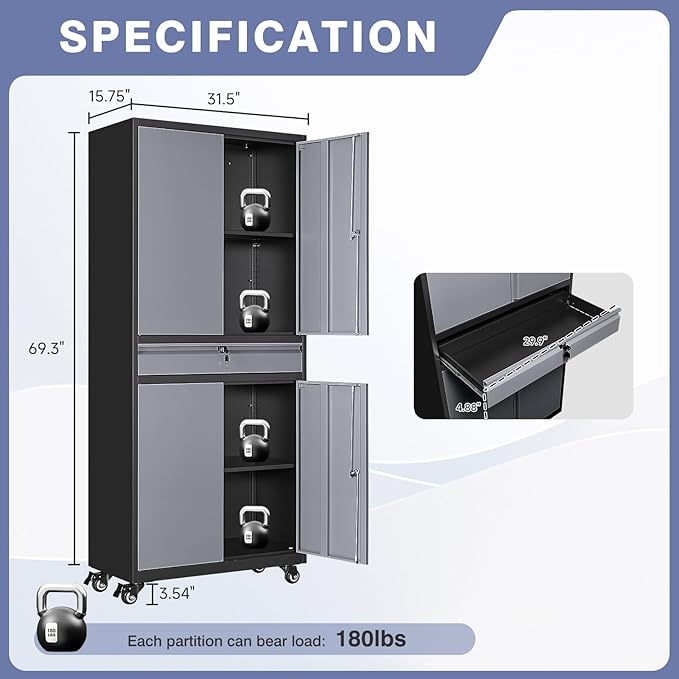 73" Metal Garage Storage Cabinet with Wheels， Rolling Tool Storage with Locking Doors， Adjustable Shelves and Drawer, Heavy Duty Steel Tool Cabinet for Garage, Warehouse, School(Black Grey)