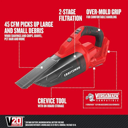 CRAFTSMAN V20 Cordless Hand Vacuum, 45 CFM, 2 Stage Filtration System with Filter, Bare Tool Only (CMCVH001B)