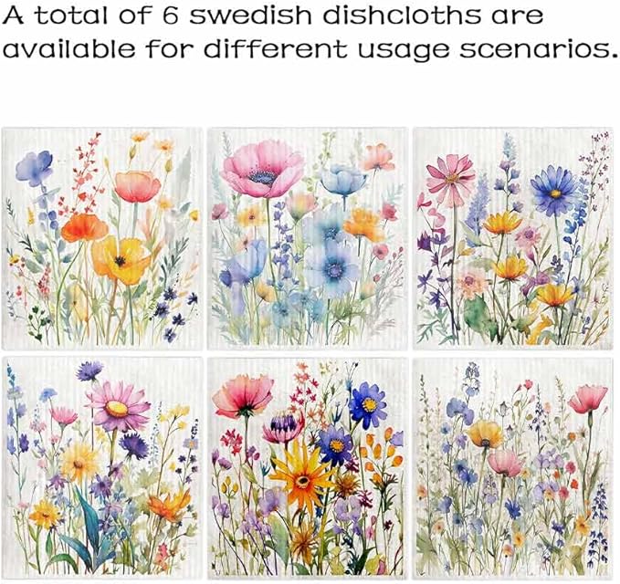 Swedish Dishcloths for Kitchen – 6 Pack Cellulose Reusable Cleaning Paper Towels – Soft, Quick-Drying, Washable Dish Rags for Kitchen, Counters & More (Flower)