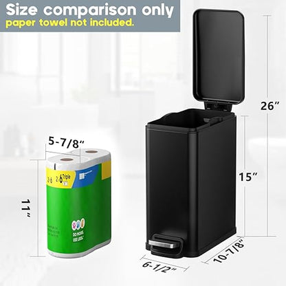 Slim Bathroom Trash Can with Lid Soft Close, 2.6 Gallon Stainless Steel Garbage Can with Removable Inner Bucket, Durable Step Pedal, Small Trash Bins for Toilet, Bedroom, Kitchen, Office