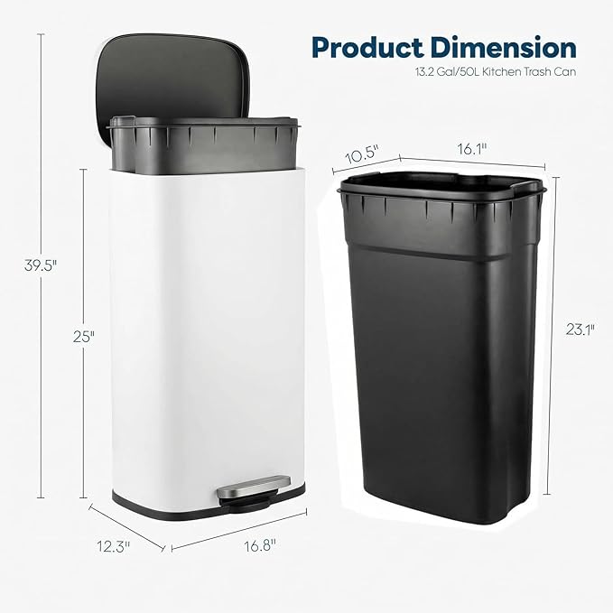 13.2 Gal Kitchen Trash Can, 50L Recycling or Garbage Bin, Brushed Stainless Steel Waste Basket, Soft&Quiet Close Dustbin, with Step-On Pedal, Removable Inner Bucket, for Home, Office, Living Room