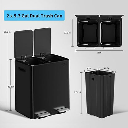 mVm Dual Trash Can, 10.6 Gal (2x5.3Gal) Kitchen Trash Can with Thick Lids, 2 Compartment Stainless Steel Recycle Bin for Home Kitchen Office (Black)