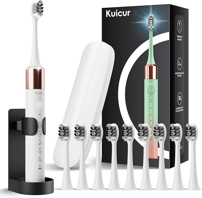 Kuicur Electric Toothbrush, 10 Brush Heads & Travel Case, 42,000 VPM Electric Motor & USB Charging, 5 Modes with Smart Timer, Ultra Whitening Toothbrush for Adults and Kids