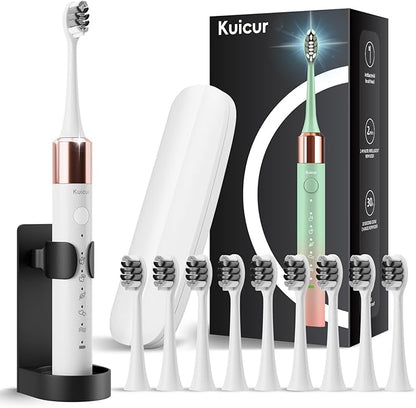 Kuicur Electric Toothbrush, 10 Brush Heads & Travel Case, 42,000 VPM Electric Motor & USB Charging, 5 Modes with Smart Timer, Ultra Whitening Toothbrush for Adults and Kids