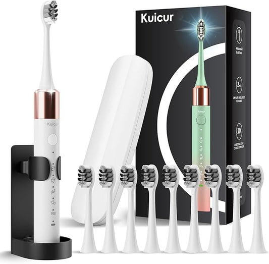 Kuicur Electric Toothbrush, 10 Brush Heads & Travel Case, 42,000 VPM Electric Motor & USB Charging, 5 Modes with Smart Timer, Ultra Whitening Toothbrush for Adults and Kids
