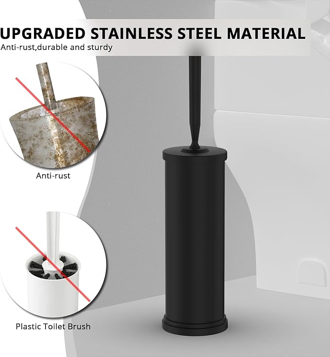 Premium 304 Stainless Steel Toilet Brush and Holder: Weighted Stable Base, Removable Inner Tube, Splash-Proof Design for 360° Thorough Cleaning & Space-Saving Storage,Black