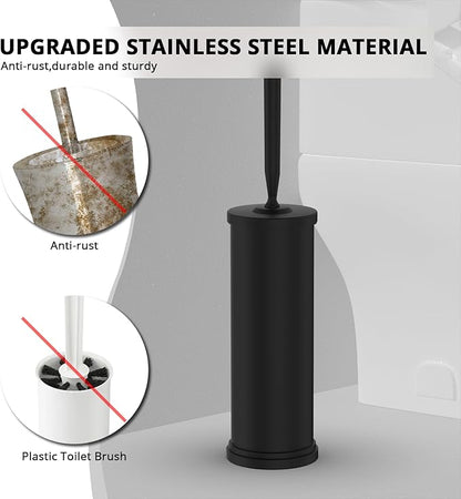 Premium 304 Stainless Steel Toilet Brush and Holder: Weighted Stable Base, Removable Inner Tube, Splash-Proof Design for 360° Thorough Cleaning & Space-Saving Storage,Black