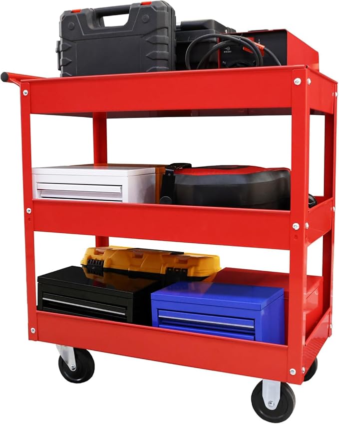 Torin APTC302B Steel Tool Service Push Cart with 3 Shelves and 200 lb Capacity, Red