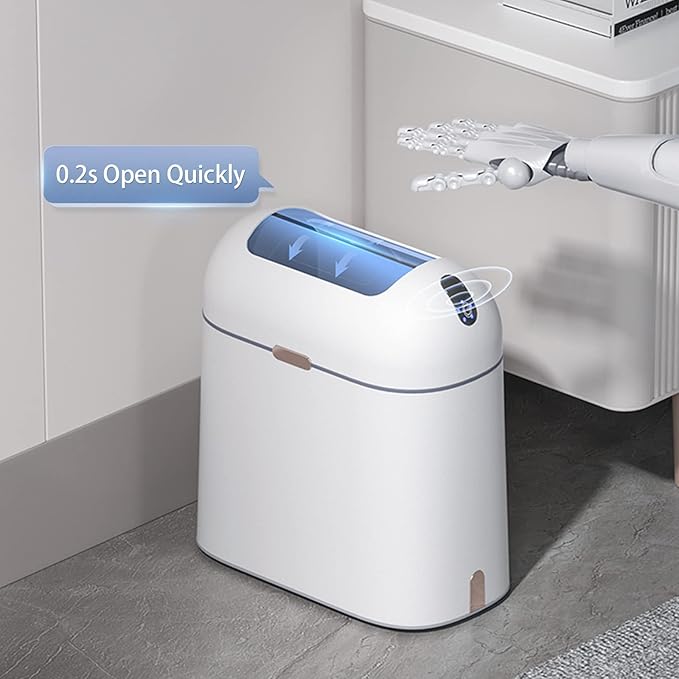 ELPHECO Bathroom Trash Can, 2.5 Gallon Motion Sensor Waterproof Trash Bin with Butterfly lid, Bathroom Decor Waste Basket Garbage Bin for Bedroom Kitchen and Office use, White with Golden Button