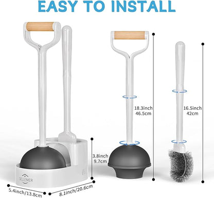 Sellemer 2 in 1 Toilet Brush and Plunger Set, Curved Design Head for Deep Clean, Heavy Duty Toilet Bowl Brush and Plunger Combo with Holder for Bathroom,White, 1 Pack