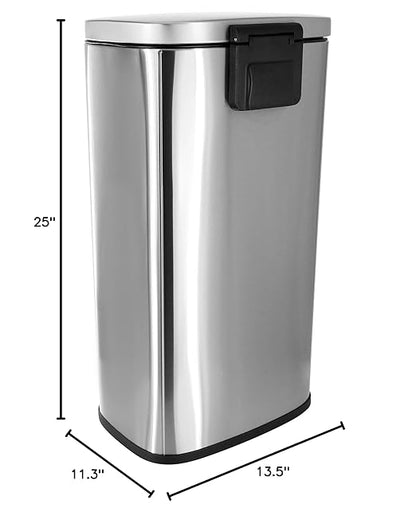 Elama 2 Piece 8 Gallon 30 Liter Rectangular Stainless Steel Twin Step Trash Bins with Slow Close Mechanism in Matte Silver