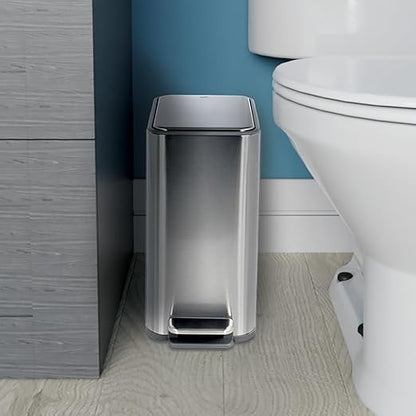 Glad Slim Bathroom Trash Can - Small Garbage Pail with Soft Close Lid & Step Foot Pedal | Narrow Stainless Steel Waste Basket with Removable Inner Bucket, 2.6 Gallon