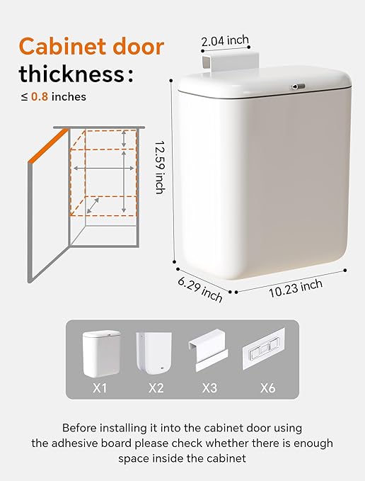 Wall Mounted Kitchen Compost Bin with Lid, Hanging Trash Can for Cabinet Door, White Plastic Food Scrap Bin for Kitchen Counter and Under Sink, 2.3 Gal Bin with 2 Pack 2 Gal Folding Hanging Trash Cans