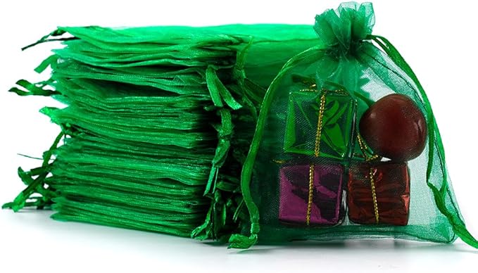 Meowoo 100PCS Organza Bags, 3x4in Small Mesh Bags Drawstring, Mesh Gift Bags Drawstring for Jewelry, Candy, Christmas, Sachets, Festivals, Bathroom Soaps, Makeup Organza, Wrapping Supplies(darkgreen)