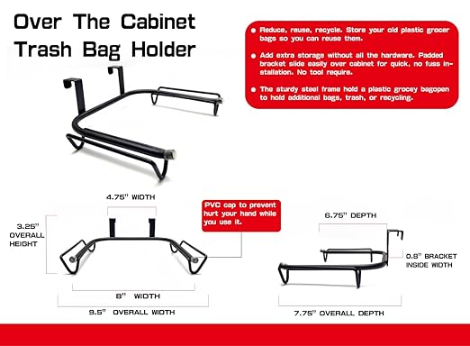 FitWell Over-The-Cabinet-Door Grocery Installation Plastic Recycling & Trash, Under Sink Garbage Bag Holder, Trash Bag Holder Rack for Recycled Reusable Disposable Grocery Bag (Black)